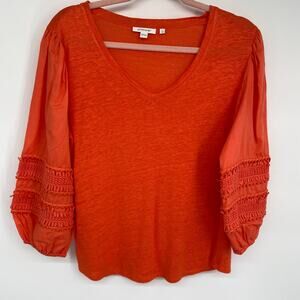 Chico’s Top Women’s Medium Orange Puff Sleeve Lace Details Linen‎ Resortwear